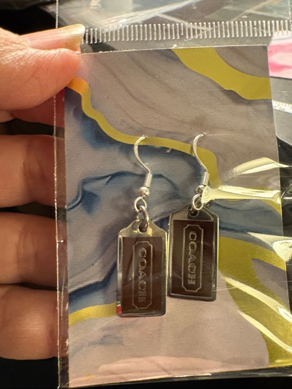 Coach Silver-Tone Earrings with Brown Logo Tags - Picture 4 of 5